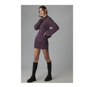Daily‎ Practice Anthropologie NWOT Long Sleeve Ruched Mini Dress in Plum XXS